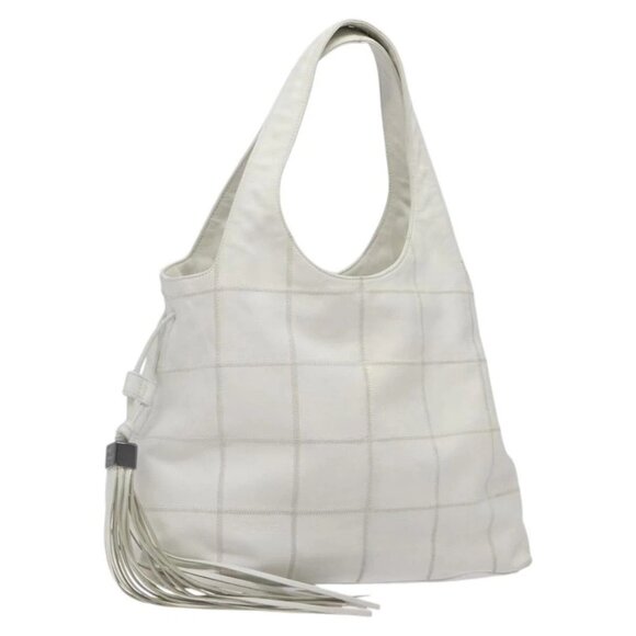 CHANEL Choco Bar Fringe Tote Bag Leather White Silver - Picture 1 of 15